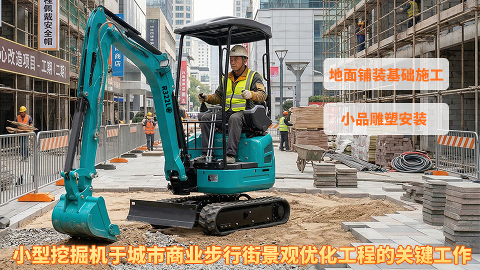 小型挖掘机于城市商业步行街景观优化工程的关键工作:地面铺装基础施工与小品雕塑安装