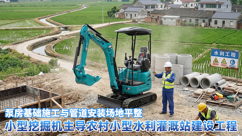 小型挖掘机主导农村小型水利灌溉站建设工程:泵房基础施工与管道安装场地平整