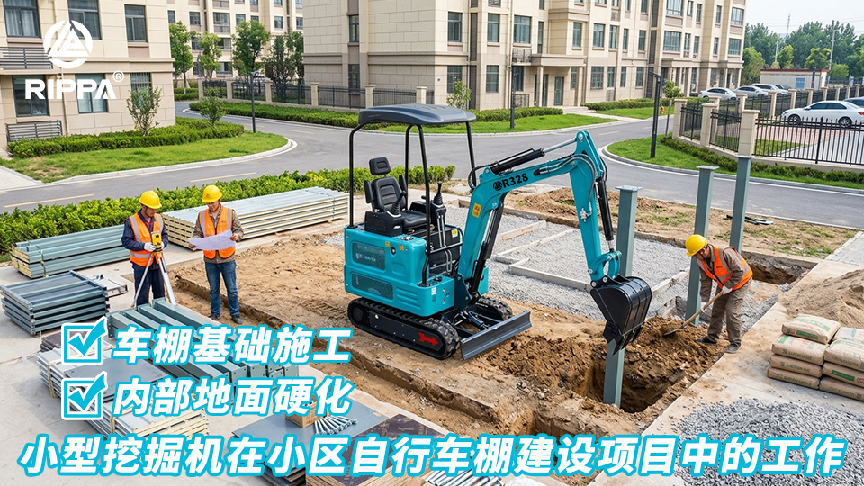 小型挖掘机在小区自行车棚建设项目中的工作:车棚基础施工与内部地面硬化