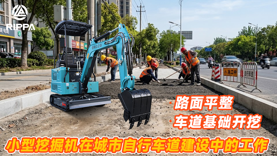 小型挖掘机在城市自行车道建设中的工作:车道基础开挖与路面平整