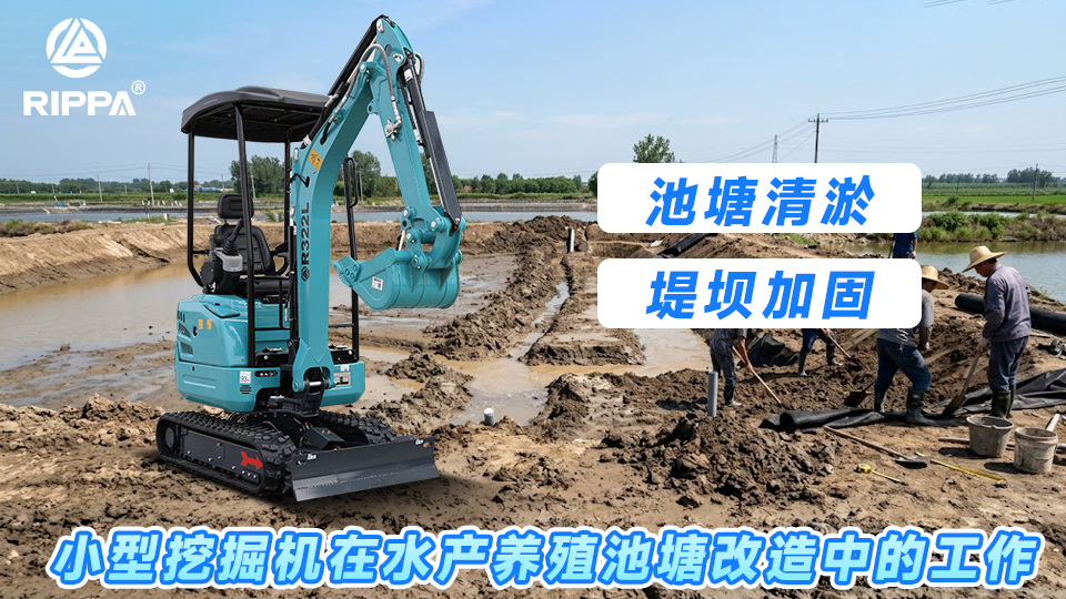 小型挖掘机在水产养殖池塘改造中的工作:池塘清淤与堤坝加固
