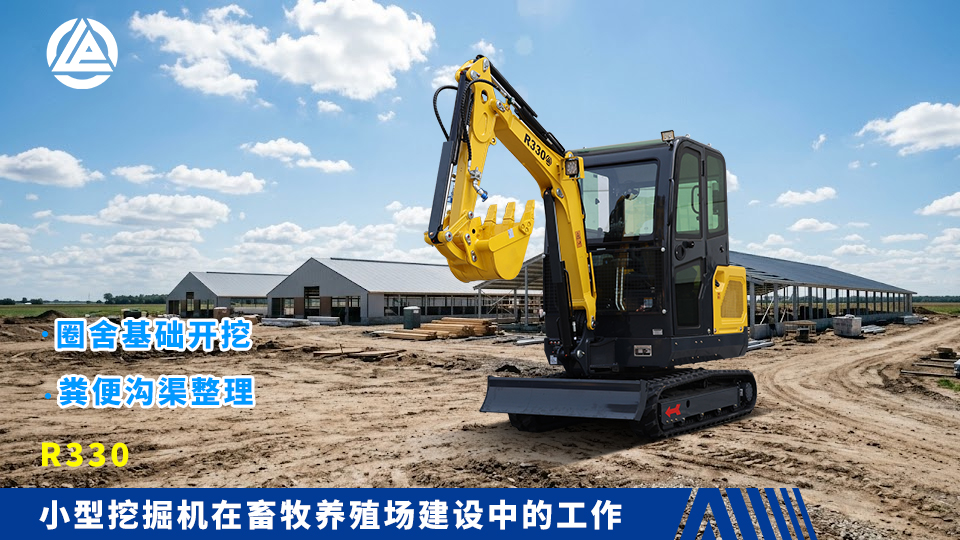 小型挖掘机在畜牧养殖场建设中的工作:圈舍基础开挖与粪便沟渠整理