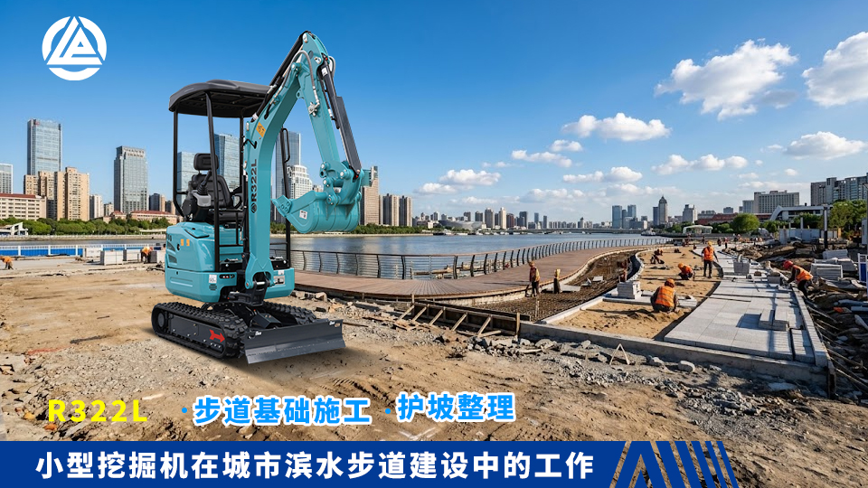 小型挖掘机在城市滨水步道建设中的工作:步道基础施工与护坡整理