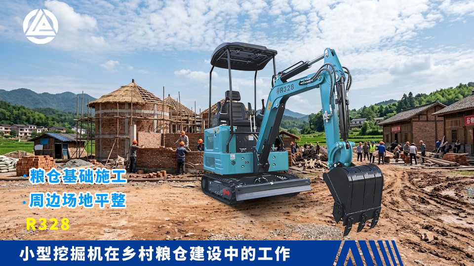 小型挖掘机在乡村粮仓建设中的工作：粮仓基础施工与周边场地平整
