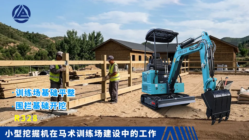 小型挖掘机在马术训练场建设中的工作：训练场基础平整与围栏基础开挖