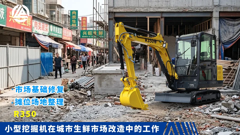 小型挖掘机在城市生鲜市场改造中的工作：市场基础修复与摊位场地整理