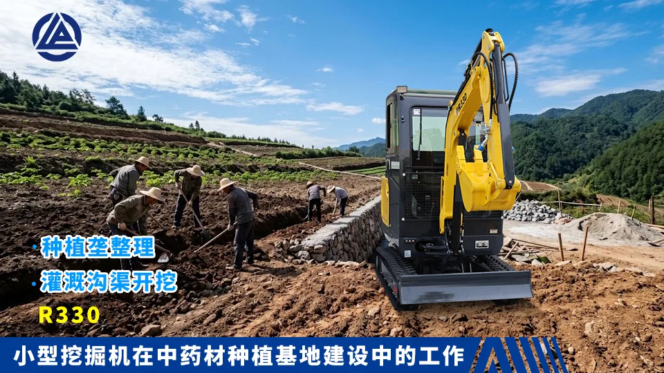 小型挖掘机在中药材种植基地建设中的工作：种植垄整理与灌溉沟渠开挖