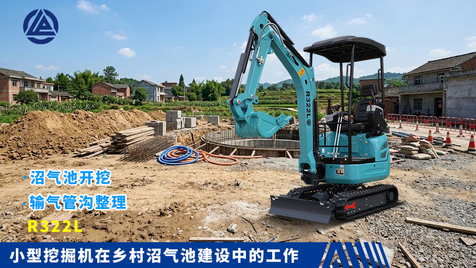 小型挖掘机在乡村沼气池建设中的工作：沼气池开挖与输气管沟整理