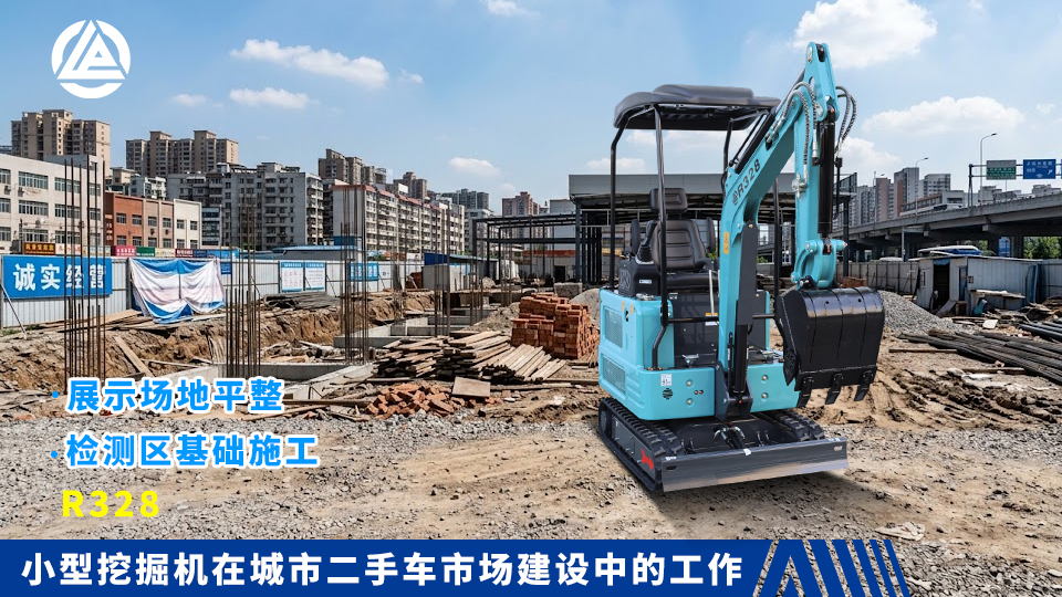 小型挖掘机在城市二手车市场建设中的工作：展示场地平整与检测区基础施工