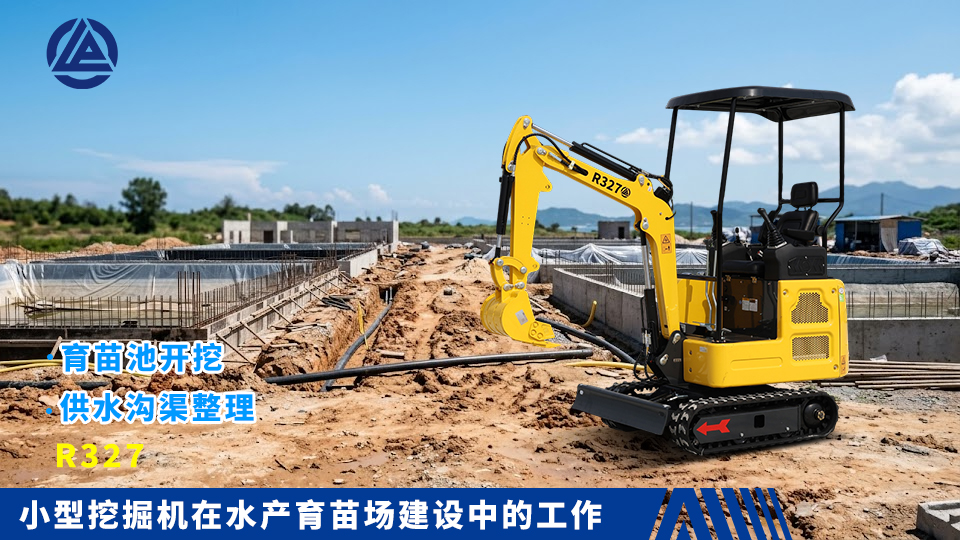 小型挖掘机在水产育苗场建设中的工作：育苗池开挖与供水沟渠整理
